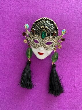 Large Embellished Masquerade Face Brooch with Black Tassels